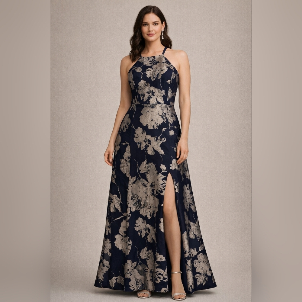 Avery G Navy Floral Halter Gown | Size 10 | Elegant Evening Formal Dress NWT